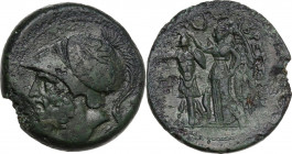 Greek Italy. Bruttium, Brettii. AE Didrachm, c. 214-211 BC. Obv. Helmeted head of Ares left; [grain ear below, two pellets behind]. Rev. BPETTIΩN. Nik...