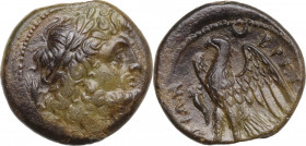 Greek Italy. Bruttium, Brettii. AE Unit, c. 214-211 BC. Obv. Laureate head of Zeus right; grain ear behind. Rev. BPET-TIΩN. Eagle standing left on thu...