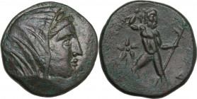 Greek Italy. Bruttium, Petelia. AE 21 mm, late 3rd century BC. Obv. Veiled and wreathed head of Demeter right. Rev. [ΠΕΤΗΛΙNΩΝ] Zeus, nude, standing l...
