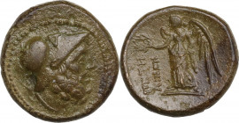 Greek Italy. Bruttium, Petelia. AE 16 mm. late 3rd century BC. Obv. Helmeted head of Ares right; dotted border. Rev. ΠΕΤΗ/ΛΙΝΩΝ. Nike standing left, h...