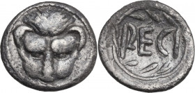 Greek Italy. Bruttium, Rhegion. AR Litra, c. 445-435 BC. Obv. Facing lion's head. Rev. RECI in olive wreath. HN Italy 2485; SNG ANS 653. AR. 0.72 g. 1...
