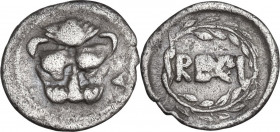 Greek Italy. Bruttium, Rhegion. AR Hemidrachm, c. 435-425 BC. Obv. Lion head facing; to right, ivy leaf. Rev. RECI within wreath. HN Italy 2490; HGC 1...