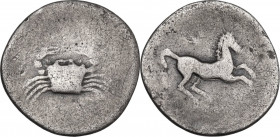 Sicily. Akragas. AR Hemidrachm, c. 338-317/287 BC. Obv. Crab. Rev. Horse running right; star above. HGC 2 108; SNG ANS 1109; BAR Issue 1. AR. 1.46 g. ...