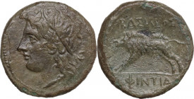 Sicily. Akragas. Phintias, (Tyrant, 287-279 BC). AE 21.5 mm. c. 282-279 BC. Obv. Wreathed head of Apollo (or Akragas) left; behind, monogram. Rev. BAΣ...