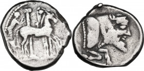 Sicily. Gela. AR Tetradrachm, c. 465-450 BC. Obv. Charioteer driving slow quadriga right; Ionic column behind; [grain ear in exergue]. Rev. CΕΛΑΣ. For...