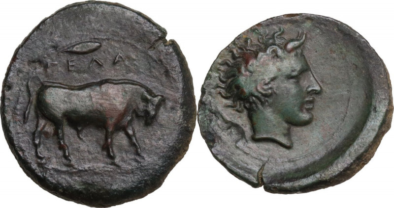 Sicily. Gela. AE Trias, c. 420-405 BC. Obv. ΓΕΛΑΣ. Bull with lowered head right;...