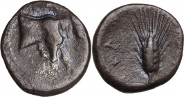 Sicily. Gela. AR Trihemiobol, c. 339-310 BC. Obv. Forepart of man-headed bull right. Rev. ΓΕΛΩΙΩΝ. Grain ear. HGC 2 370; Jenkins, Gela, Group X, 540. ...