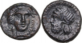 Sicily. Gela. AE 13 mm, 4th century BC. Obv. Head of Demeter facing slightly right, wearing wreath of grain. Rev. Head of Gelas left, horned, wearing ...