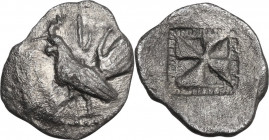 Sicily. Himera. AR Obol, c. 530-520/15 BC. Obv. Cock standing left. Rev. Mill-sail pattern incuse. HGC 2 427; SNG ANS 145; Cf. Kraay 292-3 and 295-6. ...