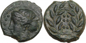 Sicily. Himera. AE Hemilitron-Hexonkion, c. 415-409 BC. Obv. IME. Female head left, wearing sphendone; before, six pellets. Rev. Six pellets in rosett...