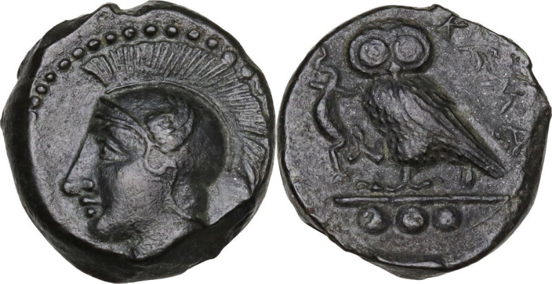 Sicily. Kamarina. AE Tetras or Trionkion, c. 410-405 BC. Obv. Head of Athena lef...