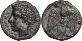 Sicily. Katane. AE Tetras, c. 405-402 BC. Obv. AMENANOΣ. Head of the river god Amenanos left, ivy leaf behind. Rev. Winged thunderbolt; in field, K-A;...