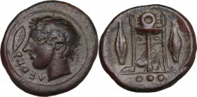 Sicily. Leontini. AE Tetras-Trionkion, c. 405-402 BC. Obv. Head of Apollo left, wearing laurel wreath; ΛEON and olive leaf and berry to left. Rev. Tri...