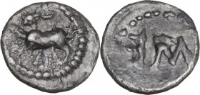 Sicily. Messana. AR Hexas, c. 460-429 BC. Obv. Hare springing left; before, uncertain symbol; dotted border. Rev. ME retrograde; dotted border. Cf. HG...