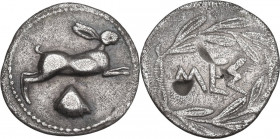 Sicily. Messana. AR Litra, c. 420-413 BC. Obv. Hare springing right; scallop shell below. Rev. MEΣ within wreath. HGC 2 817; SNG ANS 170; Caltabiano S...