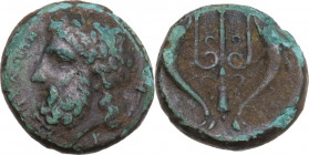 Sicily. Messana. AE Litra, c. 324-318 BC. Obv. [MΕΣ]ΣΑΝΙΩΝ. Laureate head of Poseidon left; torch behind; letter below neck. Rev. Ornate trident head,...