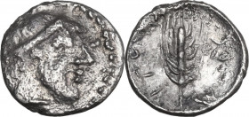 Sicily. Morgantina. AR Litra, c. 465-459 BC. Obv. Bearded male head right, weraring tainia. Rev. MORCA/NTINA (retrograde). Grain ear. HGC 2 898; SNG A...