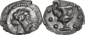 Sicily. Naxos. AR AR Hexonkion - Hemilitron, c. 461-430 BC. Obv. Bearded head of Dionysios right, wearing ivy-wreath; dotted border. Rev. Kantharos; s...