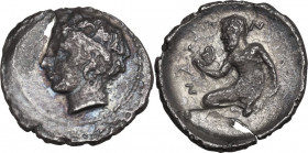Sicily. Naxos. AR Hemidrachm, c. 415-403 BC. Obv. Head of Assinos left, wreathed with reeds. Rev. ΝΑΞΙΩΝ. Ithyphallic Silenos seated facing, head left...