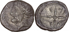 Sicily. Panormos as Ziz. AR Hemilitron or Hexonkion, c. 400-380 BC. Obv. Wreathed head of Poseidon (?) left. Rev. Four-spoked wheel; Punic 'ZIZ' in up...