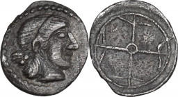 Sicily. Syracuse. Hieron I (478-466 BC). AR Litra, c. 475-470 BC. Obv. Diademed head of Arethusa right. Rev. Wheel of four spokes. HGC 2 1371; Boehrin...