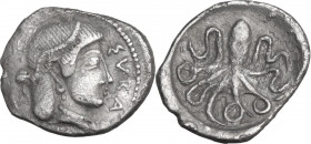 Sicily. Syracuse. Second Democracy. AR Litra, c. 460-450 BC. Obv. ΣVRA. Diademed head of Arethusa right. Rev. Octopus. HGC 2 1375; SNG ANS 137. AR. 0....
