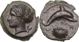 Sicily. Syracuse. Second Democracy. AE Hemilitron, c. 415-405 BC. Obv. Head of Arethusa left, wearing necklace, hair bound in ampyx and sphendone; oli...