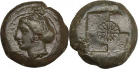 Sicily. Syracuse. Second Democracy. AE Hemilitron, c. 405-375 BC. Obverse die signed by the artist E(uainetos?). Obv. Head of Arethusa left, hair boun...
