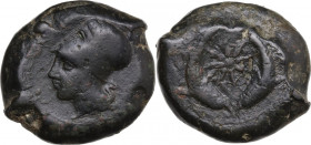 Sicily. Syracuse. Dionysos I to Dionysos II. AE Drachm, c. 375-344 BC. Obv. Head of Athena wearing Corinthian helmet left. Rev. Sea-star between two d...