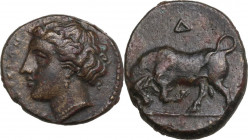 Sicily. Syracuse. Agathokles (317-289 BC). AE 16.5 mm, c. 317-310 BC. Obv. ΣΥΡΑΚΟΣΙΩΝ. Head of Persephone left, wearing earring and necklace. Rev. Bul...