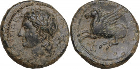 Sicily. Syracuse. Agathokles (317-289 BC). AE 19 mm, c. 310-305 BC. Obv. [ΣYPAK]OΣIΩN. Laureate head of Apollo left; swan behind. Rev. Pegasos flying ...