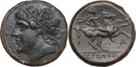 Sicily. Syracuse. Hieron II (274-215 BC). AE 26.5 mm. c. 230-215 BC. Obv. Diademed head left. Rev. Horseman riding right, holding spear; below, AP mon...