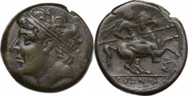 Sicily. Syracuse. Hieron II (274-215 BC). AE 26 mm. c. 230-215 BC. Obv. Diademed head left. Rev. Horseman riding right, holding spear; below, monogram...