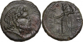 Sicily. Syracuse. Roman Rule. AE 21 mm, late 2nd cent. BC. Obv. Laureate head of Zeus right. Rev. ΣIPAKO-ΣIΩN. Tyche standing left, holding rudder and...