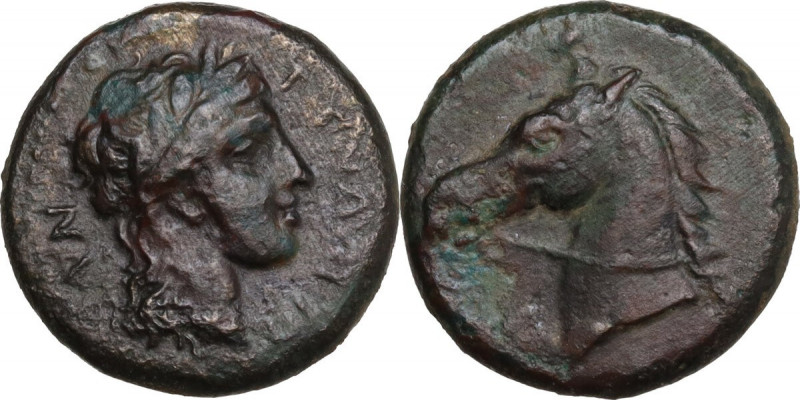 Sicily. Tyndaris. AE 16.5 mm. c. 276-253 BC. Obv. TYNΔAPI -TAN. Laureate head of...