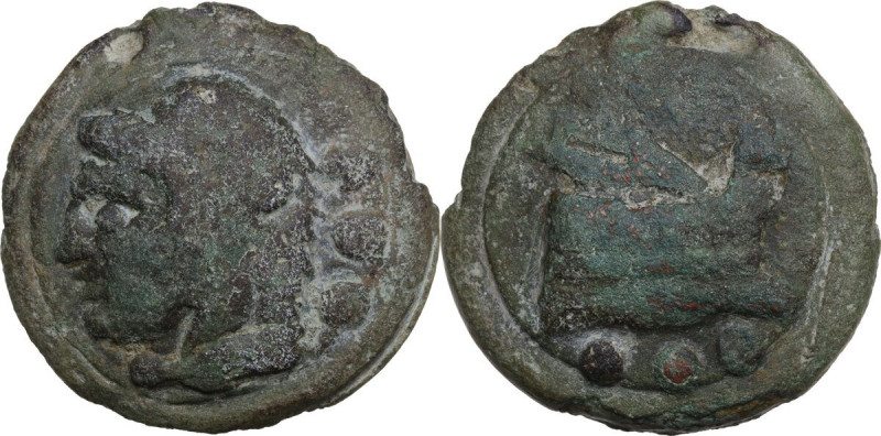 Janus/prow to right libral series. AE Cast Quadrans, c. 225-217 BC. Obv. Head of...