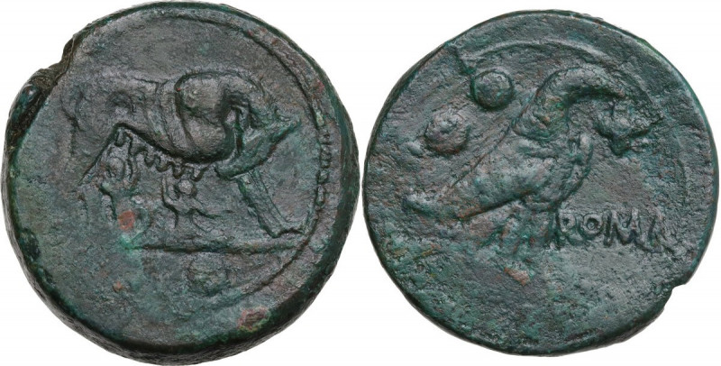 Anomalous Semilibral series. AE Sextans, c. 217-215 BC. Obv. She-wolf suckling t...