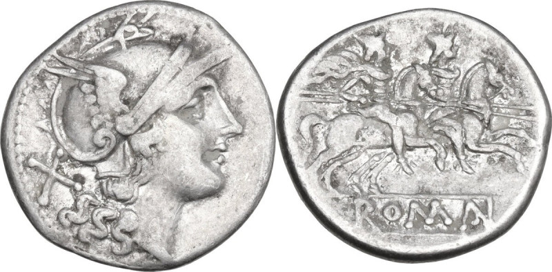 Anonymous. AR Denarius, uncertain Lucanian mint (Venusia?), 210 BC. Obv. Helmete...