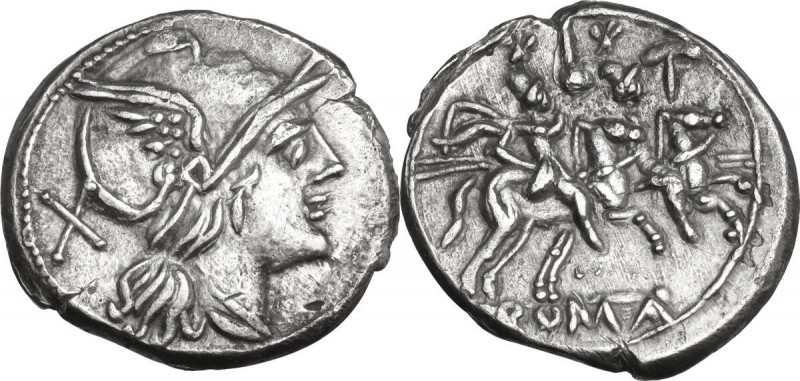 Apex and hammer series. AR Denarius, 211-208 BC, central Italy. Obv. Helmeted he...