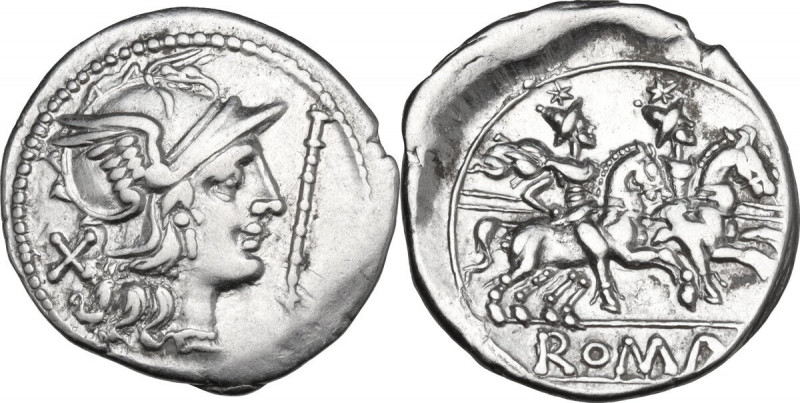 Staff series. AR Denarius, Capua mint, 205 BC. Obv. Helmeted head of Roma right;...