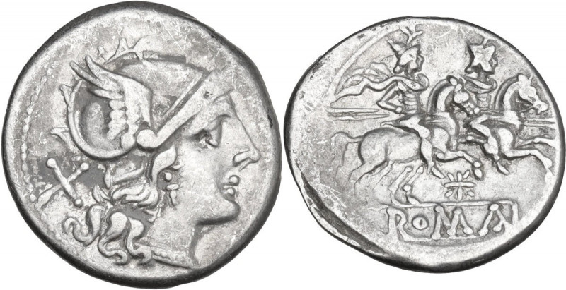 Star (first) series. AR Denarius, Capua mint, 204 BC. Obv. Helmeted head of Roma...