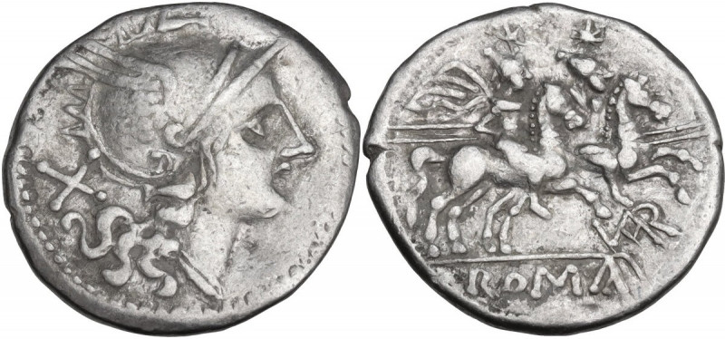 VAR series. AR Denarius, uncertain Spanish mint, 206 BC. Obv. Helmeted head of R...