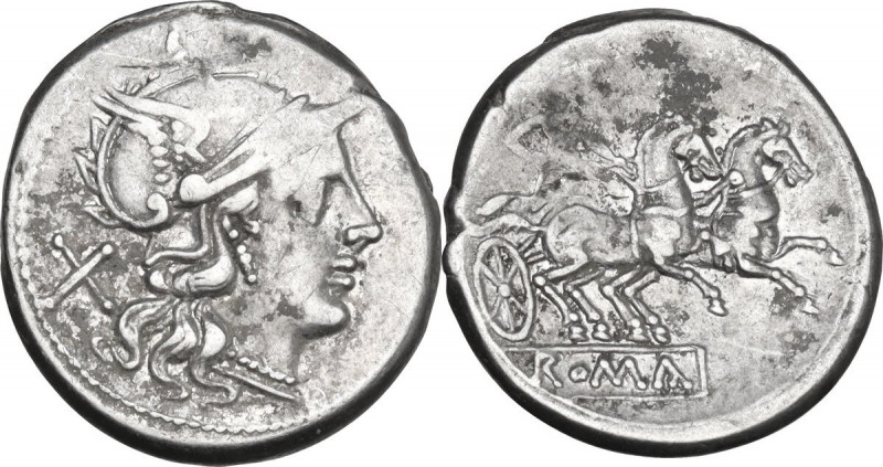 AN or AV series. AR Denarius, uncertain mint, 203 BC. Obv. Helmeted head of Roma...