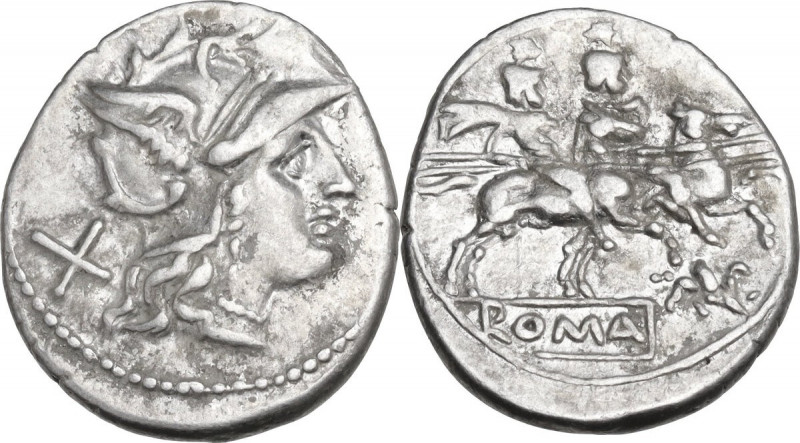 Gryphon series. AR Denarius, uncertain Spanish mint, 204 BC. Obv. Helmeted head ...