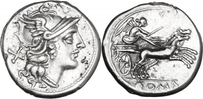 Anonymous. AR Denarius, c. 157-156 BC. Obv. Helmeted head of Roma right; behind,...