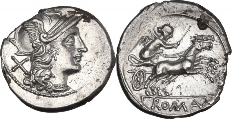 Anonymous. AR Denarius, c. 157-156 BC. Obv. Helmeted head of Roma right; behind,...