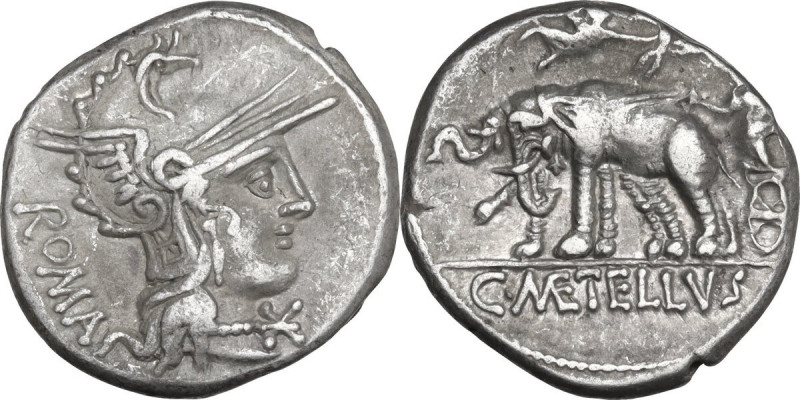 C. Caecilius Metellus Caprarius. AR Denarius, 125 BC. Obv. Head of Roma right, w...