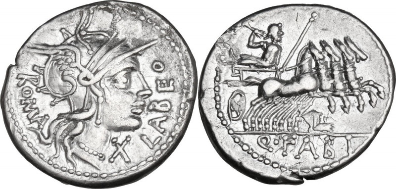 Q. Fabius Labeo. AR Denarius, circa 124 BC. Obv. Helmeted head of Roma right; be...