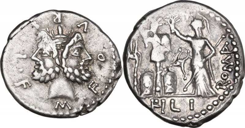 M. Furius L.f. Philus. AR Denarius, 119 BC. Obv. M. FOVRI. L. F. Laureate head o...