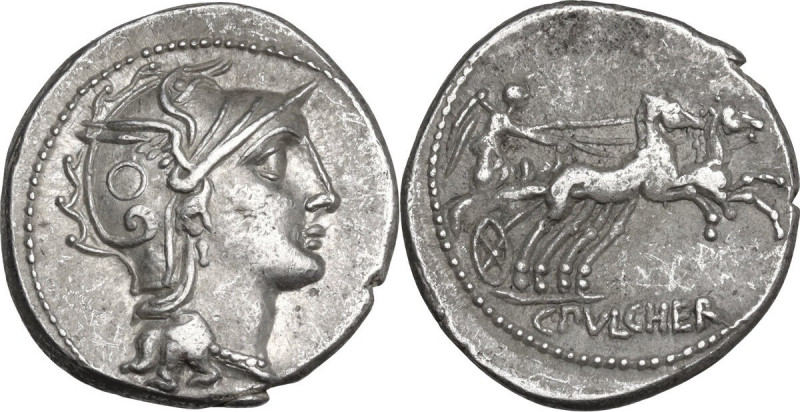 C. Claudius Pulcher. AR Denarius, 110 or 109 BC. Obv. Helmeted head of Roma righ...